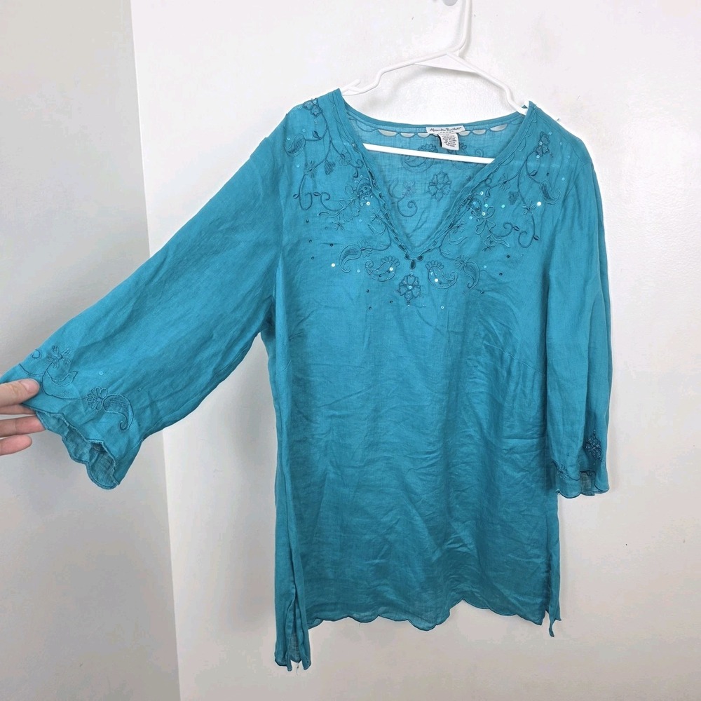Alexandra Bartlett Blue 100% Linen Sequin Floral 3/4 Sleeve Coastal Top Size 1X